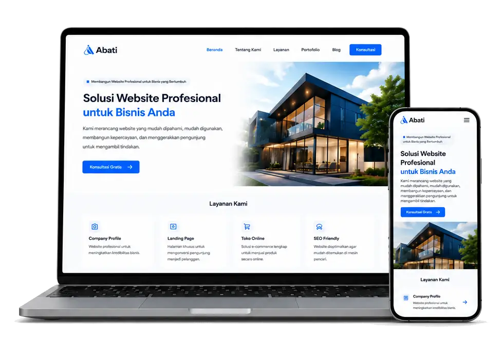 Mockup website company profile profesional untuk menampilkan profil perusahaan dan informasi bisnis.